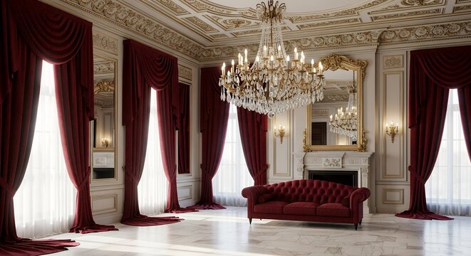 Luxurious Elegant Living Room with Chandeliers and Red Velvet Curtains