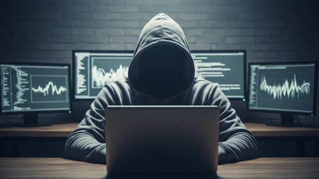 Anonymous coders working on dark web cybercrime operations with multiple monitors