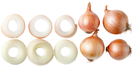 Down view of three piles of onions whole half quarter eight on transparent background