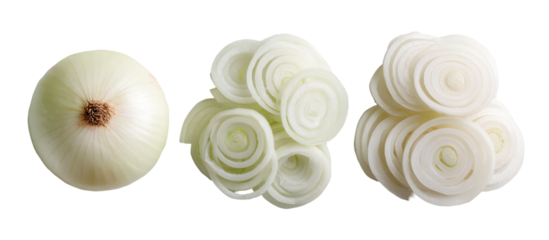 Down view of three piles of onions whole half quarter eight on transparent background
