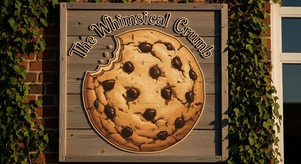 Large Chocolate Chip Cookie Sign on Wooden Board with Green Vines Outside