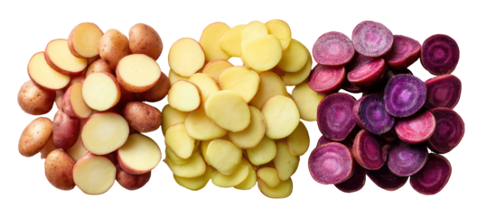 Three piles of sliced potatoes in different colors isolated on transparent background