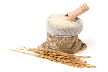 Rice in a jute sack with rice grains and a wooden spoon to scoop it out. isolated on white background.