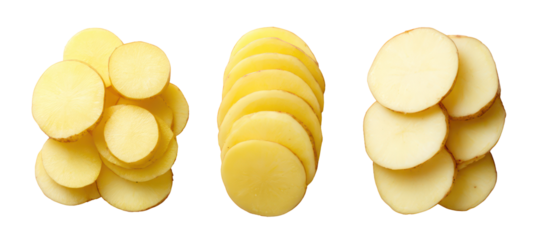 Three stacks of thinly sliced potato rounds isolated on transparent background
