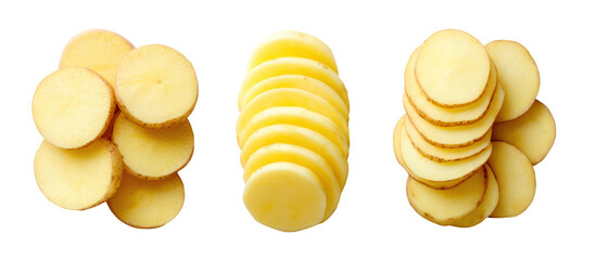Three piles of thinly sliced raw potatoes isolated on transparent background