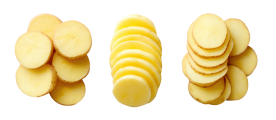 Three piles of thinly sliced raw potatoes isolated on transparent background