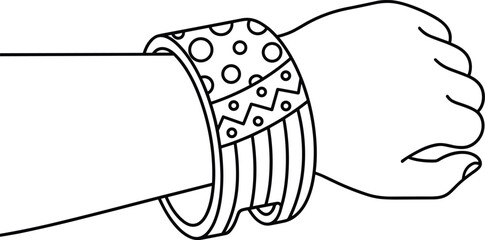 Hand wearing stylish patterned bangles, black and white line art illustration, jewelry design outline, fashion accessory drawing concept