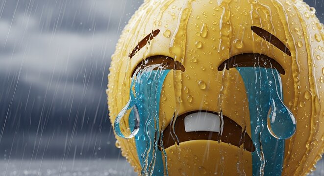 Sad Yellow Emoji Ball with Crying Face Covered in Water Droplets in Rainy Weather - Powered by Adobe