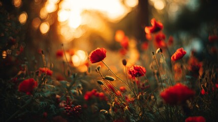 Obraz premium Enchanting sunset behind a poppy field, with vibrant red petals contrasting beautifully against the golden hues of the setting sun. Dreamy atmosphere captured in a serene and peaceful moment.