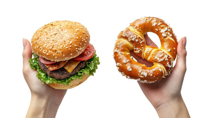Two hands holding a juicy hamburger and a large pretzel isolated on transparent background