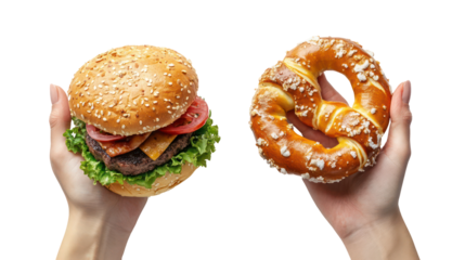 Two hands holding a juicy hamburger and a large pretzel isolated on transparent background