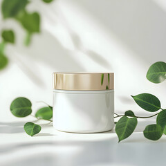 Clean Cosmetic Jar Mockup With Green Leaves Background Design