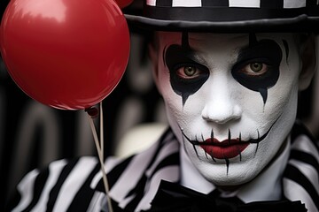 Man wearing clown makeup and black and white striped shirt with red balloon for Halloween or carnival party.