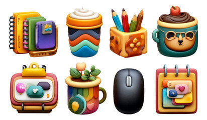 Colorful Digital Icons Set Featuring Various Objects and Creative Shapes
