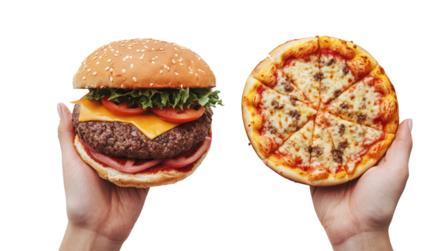 Hands holding a large hamburger and a small pizza isolated on transparent background