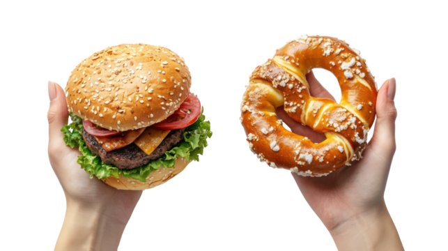 Two hands holding a juicy hamburger and a large pretzel isolated on transparent background - Powered by Adobe