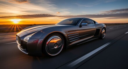 Black Luxury Sports Car Driving on Highway at Sunset