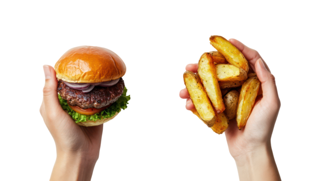 Hands holding a burger and french fries isolated on transparent background
