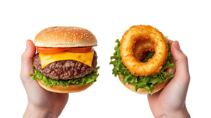 Two hands holding cheeseburger and onion rings side by side on transparent background