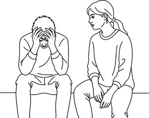 Sad man comforted by woman, emotional support illustration, mental health awareness concept, empathy, depression help, relationship care, stress relief drawing
