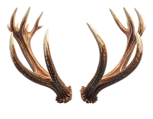 Brown, branched antlers with lighter tips, spread wide on black