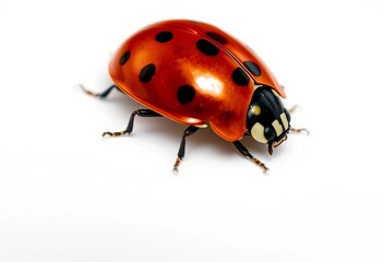 Fototapeta premium A vibrant ladybug rests on a pristine white surface, beneficial insect, background