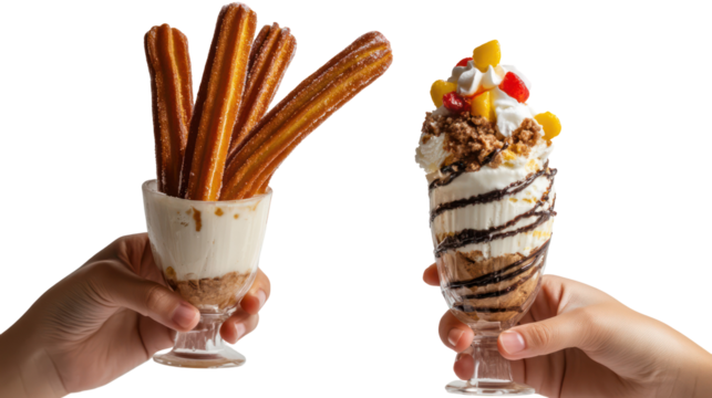 Two hands holding churros and ice cream sundae side by side on transparent background