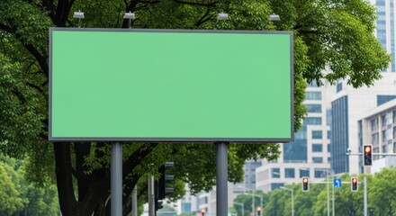 Outdoor Green Screen Billboard: Large Blank Billboard Mockup Surrounded by Green Trees and City Buildings for Advertising and Chroma Key