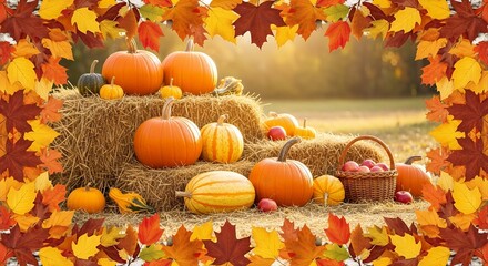 Autumn Harvest Pumpkins and Gourds Display with Fall Leaves in Warm Sunset Light