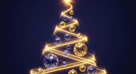 An abstract Christmas tree made of glowing golden light trails with modern gold and blue ornaments. Elegant and magical, ideal for holiday cards, banners, or festive backgrounds.