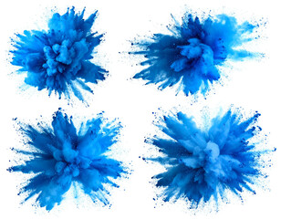 Four dynamic blue powder explosions against a white background
