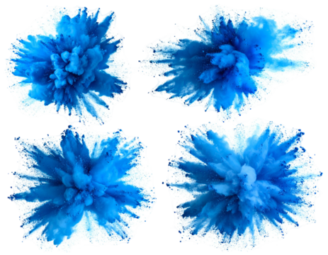 Four dynamic blue powder explosions against a white background