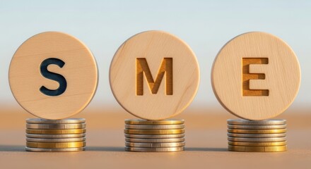 Small Medium Enterprise (SME): Wooden Circles with Letters S M E on Stacked Coins for Business Investment, Finance, and Economic Development