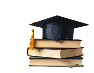 Graduation cap atop stack of books, pen on bottom