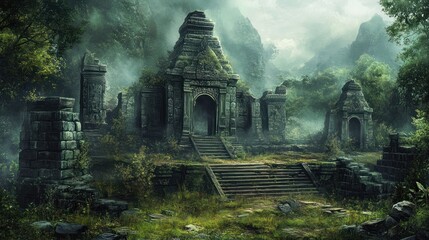 Ruined temple in a misty jungle