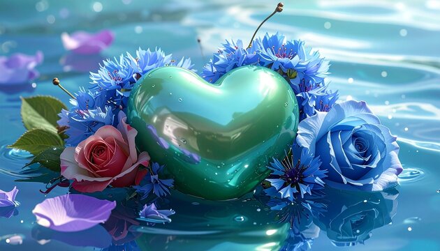 Zielone, błyszczące serce o gładkiej perłowej strukturze jako symbol miłości widoczne w kwiatach