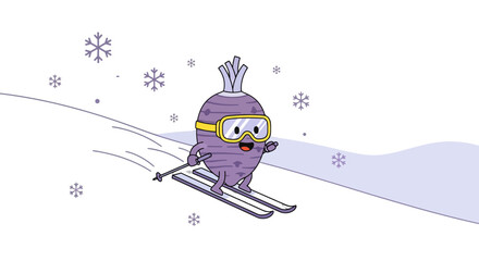 Animated Vegetable Skier Enjoying a Snowy Adventure on a Winter Landscape Illustration