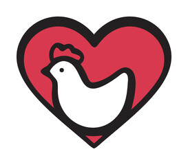 Chicken heart shape logo vector, bold outline, simple white chicken inside red heart — stock vector