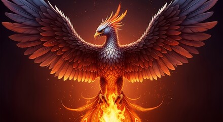 Majestic Fire Phoenix with Outstretched Wings Flying Over Flames in Dark Background