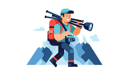 Adventurous Photographer With Professional Gear Exploring Majestic Mountain Peaks Scene