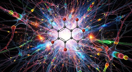 Molecular Structure in Digital Neural Network Style with Bright Colors and Dynamic Background