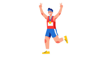 Athlete Celebrates Victory With Gold Medal and Gestures Of Peace Triumphantly