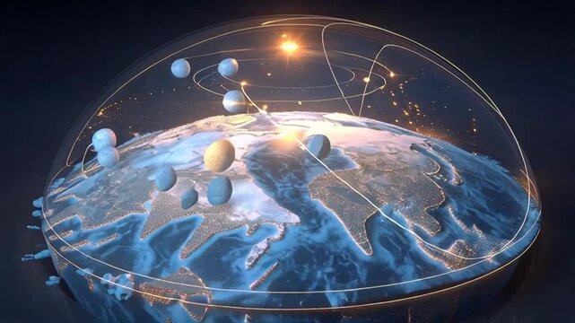 Rotating Earth Globe Encased in Dome with Satellite Orbiting Animation