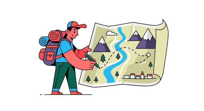 Adventurous Traveler Planning Expedition, Navigating Terrain With Map And Backpack