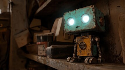Rusty robot in a cluttered workshop