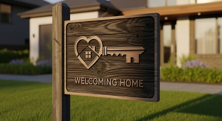 Welcoming Home Sign Wooden Sign Heart Key Modern House Exterior