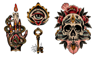 Vintage Tattoo Art Collection Featuring Candle, Eye, Skull, Key, and Floral Designs
