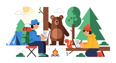 Fototapeta premium Campers Illustrate The Wildlife They Observe On Nature Camping Trip Exploration