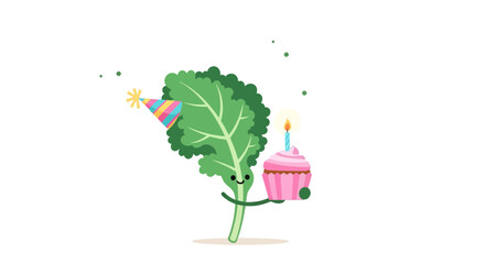 Animated Kale Celebrates a Special Occasion with Sweet Cupcake and a Party Hat Design