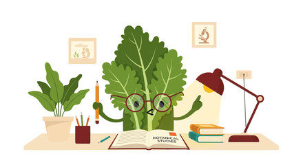 Animated Lettuce Character Studying Botanical Science With Books And Pencil On Table